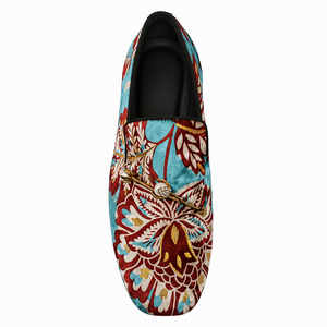 Teal Blue Floral Velvet Loafers for Men Slip On <b>Dress</b> Shoes Round Toe Gold Buckle Hand Embroidery Wedding Party Office Moccasins - Product Image 4
