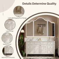 Meuble-lavabo de salle de bain de style rétro français avec vasque simple en céramique, miroir intelligent, rangement et quincaillerie haut de gamme, sur pied, pour hôtels et villas