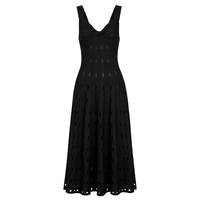 Robe midi en tricot pour femme, mode été : élégante, sans manches, ajourée, col en V, jupe évasée, robe de plage