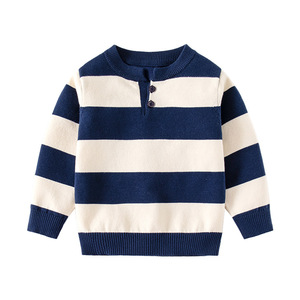 <span class=keywords><strong>Pull</strong></span> fin en maille à rayures coréennes pour garçons, style décontracté, col semi-ouvert boutonné, idéal printemps-automne - Product Image 1