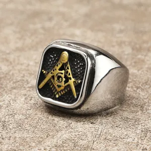 Anillo de acero inoxidable masónico fundido con personalidad a la moda Vintage, anillo con patrón de diseño de oro galvanizado, regalo de vacaciones para hombres