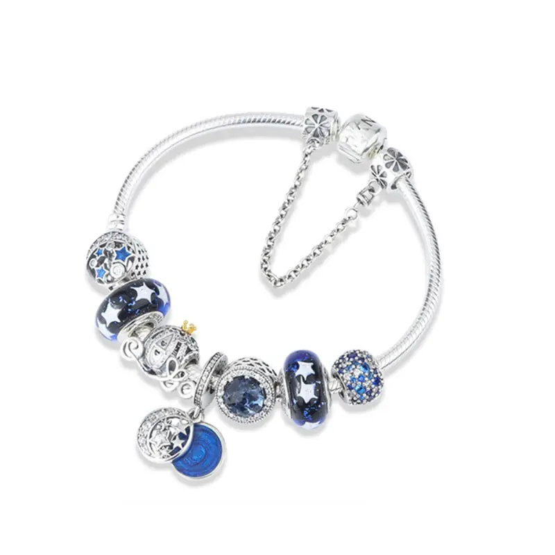 Pan Sapphire 925 Sterling Silver Charms Bracelet Women Men Bangles Romantic LOVE Sky Glass Beads For Fine Jewelry Making