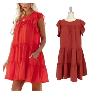 Sun Dresses Summer Ladies Bohemian Vacation Dress Lady Ruffle Sleeve Casual Loose Layered Mini Dress for Women