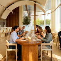 Meubles de restaurant sur mesure, table de buffet en bois, table à manger avec éclairage LED pour café, hôtel, buffet, design d'intérieur