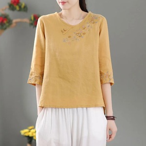 Women's Cotton Linen <b>Shirt</b> Purple Embroidered Floral Mid Sleeve Loose Fit Vintage Style Everyday Wear - Product Image 4