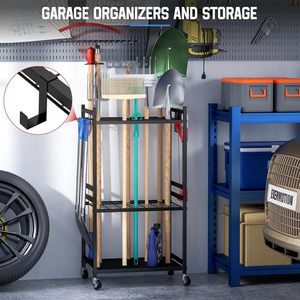 Garden Organizer Wheels Yard Tower Rack Non-Folding Garage Storage 35 Long-Handled <strong>Tools</strong> Sturdy Metal Holder 3 <strong>Hooks</strong> - Product Image 3