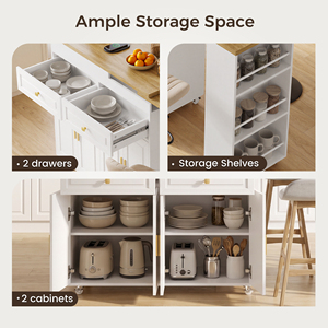 <b>Expandable</b> Rolling Kitchen Island with Wood Top with Storage Cabinet & Drawers and Open Shelf for Modern Home Dining - Product Image 4