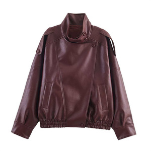 GX4391 Veste en cuir PU à col roulé pour <span class=keywords><strong>femme</strong></span>, haut de gamme, tendance, automne-<span class=keywords><strong>hiver</strong></span>, manches longues, fermeture éclair, style unique - Product Image 5