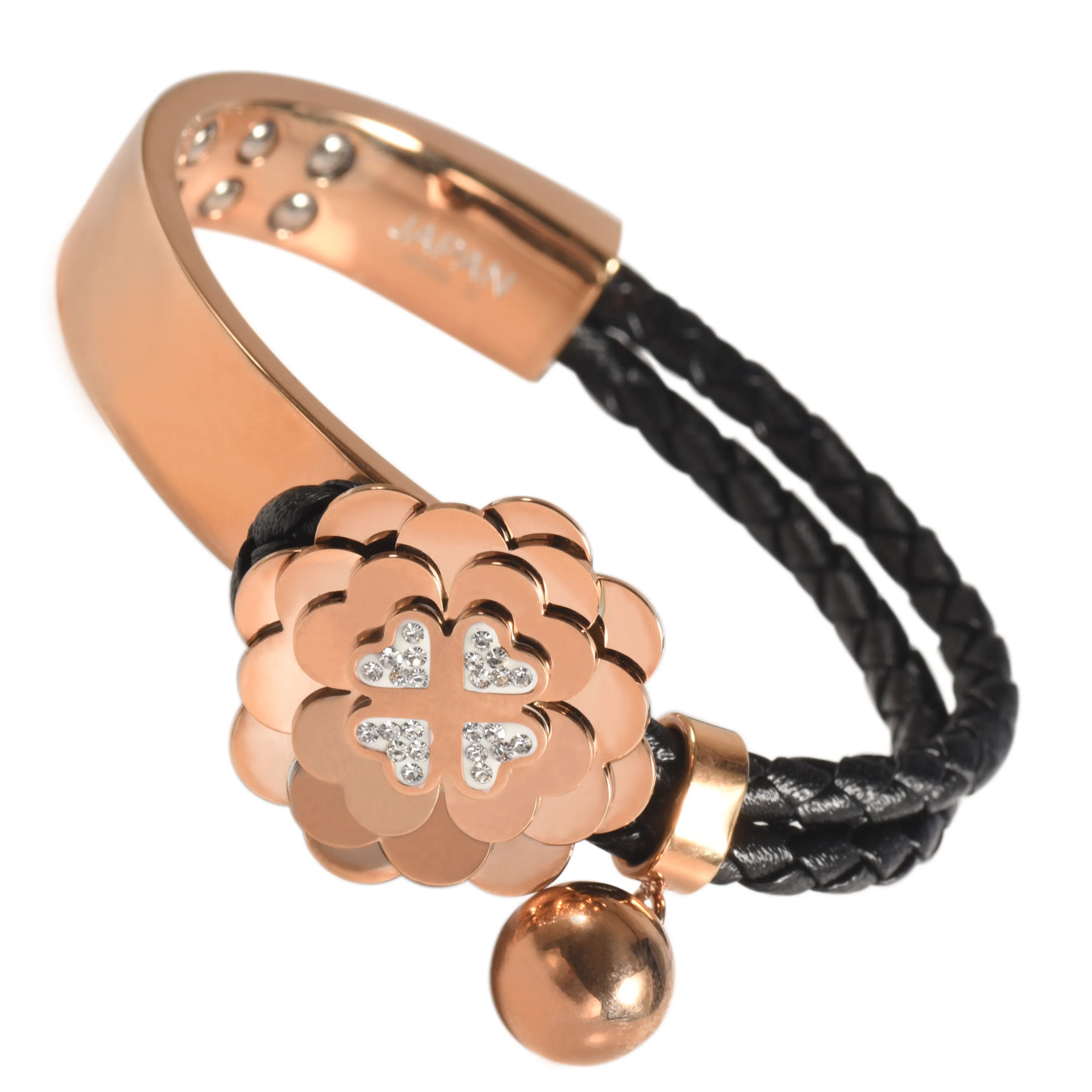 Wollet Rose Gold IPG Clovers Jewelry stainless steel leather women bangle