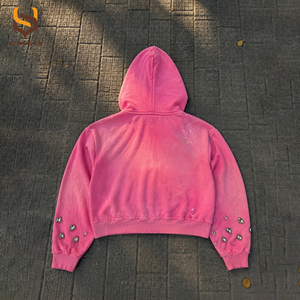 Custom Y2K Acid Wash Rhinestone Gem Applique Patch Men Hoodie OEM Cropped Boxy Heavyweight Distressed <b>Zip</b> Up Hoodie - Product Image 3