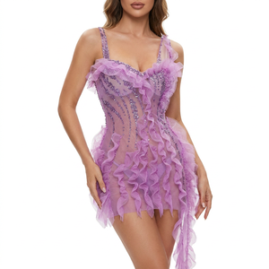 Vestido de Hada Lavanda Sexy, Vestido Mini con Volantes y Pedrería Morada Brillante, para Drag Queen, Showgirl, <span class=keywords><strong>Carnaval</strong></span>, Discoteca, Rave - Product Image 1