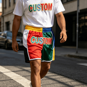 Novedad: Shorts de tela de lana peinada transpirable estilo vintage personalizados con patchwork de colores contrastantes para hombre, servicio OEM - Product Image 5