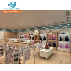 Tienda de niños Diseño de interiores Venta al por mayor Estantes de exhibición de ropa Estantes de exhibición montados en la pared de madera para tienda de ropa
