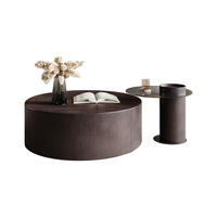 Table basse moderne à deux niveaux, en bois foncé avec table d'appoint en verre et tiroir de rangement