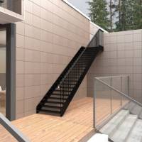 Escalier droit moderne en acier au carbone pour extérieur avec main courante en PVC et revêtement électrostatique anti-corrosion pour terrasse