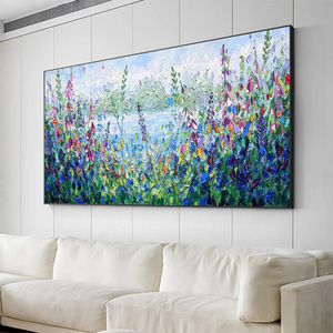 Pintura al óleo de paisaje impasto con flores silvestres y vista al lago, arte en lienzo con marco, estilo impresionista, decoración de pared interior - Product Image 5