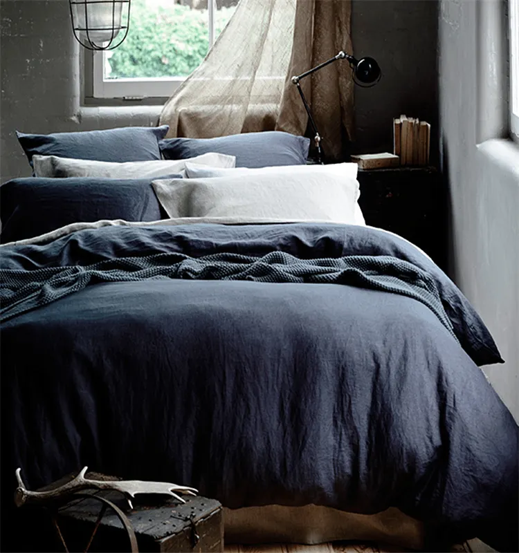 Biancheria da letto in lino francese sabane puro al 100% in pietra blu Navy