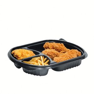 Boîte repas rectangulaire noire jetable à 3 compartiments de 900 ml, compatible micro-ondes, avec couvercle en PP de qualité alimentaire, pour le commerce de gros international - Product Image 1
