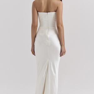 Robe longue moulante élégante en satin blanc uni, sans dos, sans manches, sans bretelles, froncée, style OEM, pour femme, personnalisable - Product Image 6