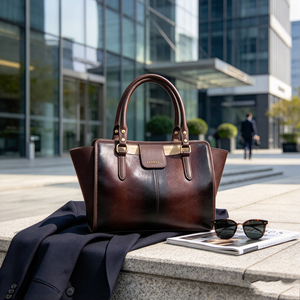 Bolso de Mano de Cuero Genuino Marrón Oscuro Vintage, Bolso Tote para Dama con Asa Superior, Bolso de Hombro de Cuero Pulido Retro - Product Image 2
