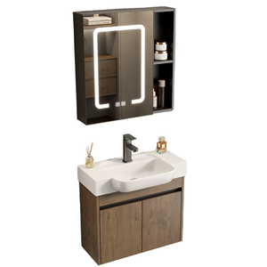 <span class=keywords><strong>Mobile</strong></span> <span class=keywords><strong>Bagno</strong></span> Moderno Sospeso in Alluminio a Nido d'Ape con Finitura Noce, Specchio LED Intelligente e Lavabo in Ceramica - Set Unità Hotel - Product Image 1