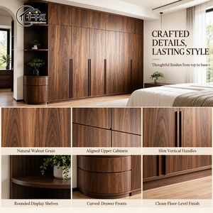 <span class=keywords><strong>Armario</strong></span> de Diseño de Altura Completa en Tono Nogal Cálido que Combina Puertas con Bisagras y Estantes Curvos <span class=keywords><strong>para</strong></span> Interiores de Dormitorios Modernos - Product Image 2