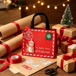Sac cadeau de Noël en feutre, motif Sac du Père Noël, <span class=keywords><strong>applique</strong></span> ours, poignées rouges, pour bonbons et friandises, décoration de fêtes - Product Image 2