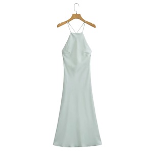 RedPeony <span class=keywords><strong>Chic</strong></span> Sexy elegante <span class=keywords><strong>Vintage</strong></span> vestido de noche de mujer satén sólido cuello Halter espalda descubierta vestidos largos 2025 mujer vestido de verano - Product Image 6