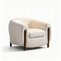 Fauteuil d'appoint en tissu bouclé crème, fauteuil simple incurvé avec accoudoirs en bois, mobilier de salon moderne du milieu du siècle, fauteuil tubulaire