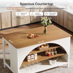Isla de cocina arqueada SENYU con estantes abiertos, blanca y de madera, estilo moderno de granja, mesa de preparación y almacenamiento - Product Image 3