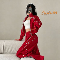 Ensemble de survêtement 2 pièces personnalisé pour femme avec logo, veste courte zippée à manches rayées et pantalon cargo taille haute à jambes larges, ensemble sport assorti