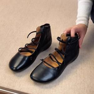 Novedad 2026: Zapatos Planos de Ballet de Cuero Negro para Mujer, con Punta Cuadrada, Plataforma y Cordones, Estilo Casual y de Vestir - Product Image 1