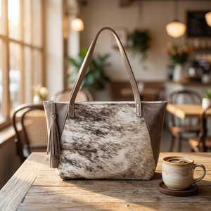Sac fourre-tout en cuir véritable pour femme, imprimé animal, style bohème, fermeture à glissière, décorations à pompons, deux poignées, sac de shopping toutes saisons - Product Image 4
