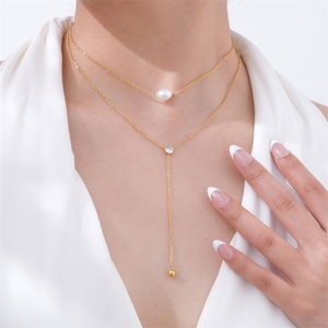 Collier Lariat Géométrique Tendance en Acier Inoxydable, Double Couche, Trois Breloques, Pendentif Perle Solide - Product Image 1