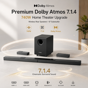 Système de son surround ULTIMEA 7.1.4 avec <span class=keywords><strong>Dolby</strong></span> <span class=keywords><strong>Atmos</strong></span>, barre de son 740W, enceintes arrière <span class=keywords><strong>sans</strong></span> <span class=keywords><strong>fil</strong></span> et caisson de basses de 8 pouces - Product Image 1