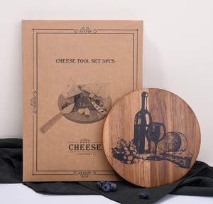 Tabla de Quesos Redonda de Madera de Acacia y Juego de Herramientas, Plato de Charcutería con Diseño de Vino y Queso, Regalo Perfecto para Amantes del Vino - Product Image 1