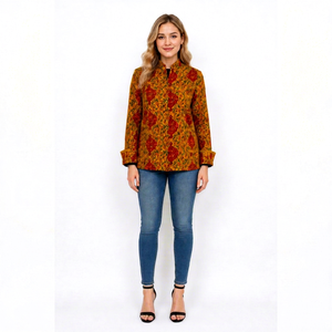 Veste matelassée 100 % coton pour femme, imprimé floral moutarde, épaisse, pour l'automne et l'hiver, faite à la main en Inde, décontractée, boutonnée, réversible - Product Image 1