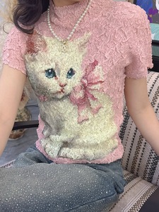 PY 2026 Sweet Elegant Style Pleated Mock Neck Cat Print <b>Top</b> Western Clothing Women Bulk Wholesale Online - Product Image 3