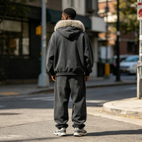 Veste streetwear oversize en molleton épais 100% coton, délavée à l'acide, style vintage, avec col carré amovible, fermeture éclair intégrale et logo personnalisé en relief