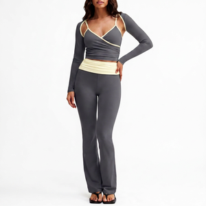 Ensemble sportif 2 pièces pour femme, sans manches, col croisé, pantalon évasé, tricoté, imprimé, couleur unie, respirant, vêtements de sport - Product Image 1