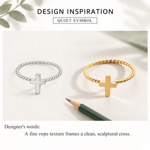 Cross Rope <b>Ring</b> <b>Stainless</b> <b>Steel</b> 14K Gold Vacuum Plated Twisted Band with Polished Cross Motif - Product Image 2