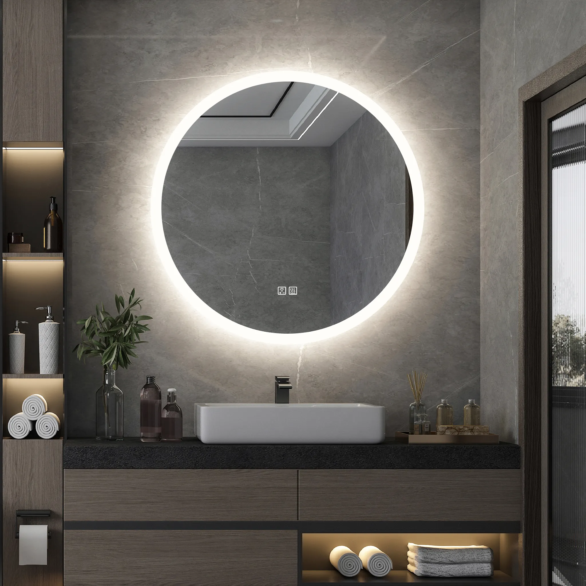 Espejo LED redondo iluminado con sensor táctil para pared, espejo antiniebla grande para cuarto de baño y espectáculo