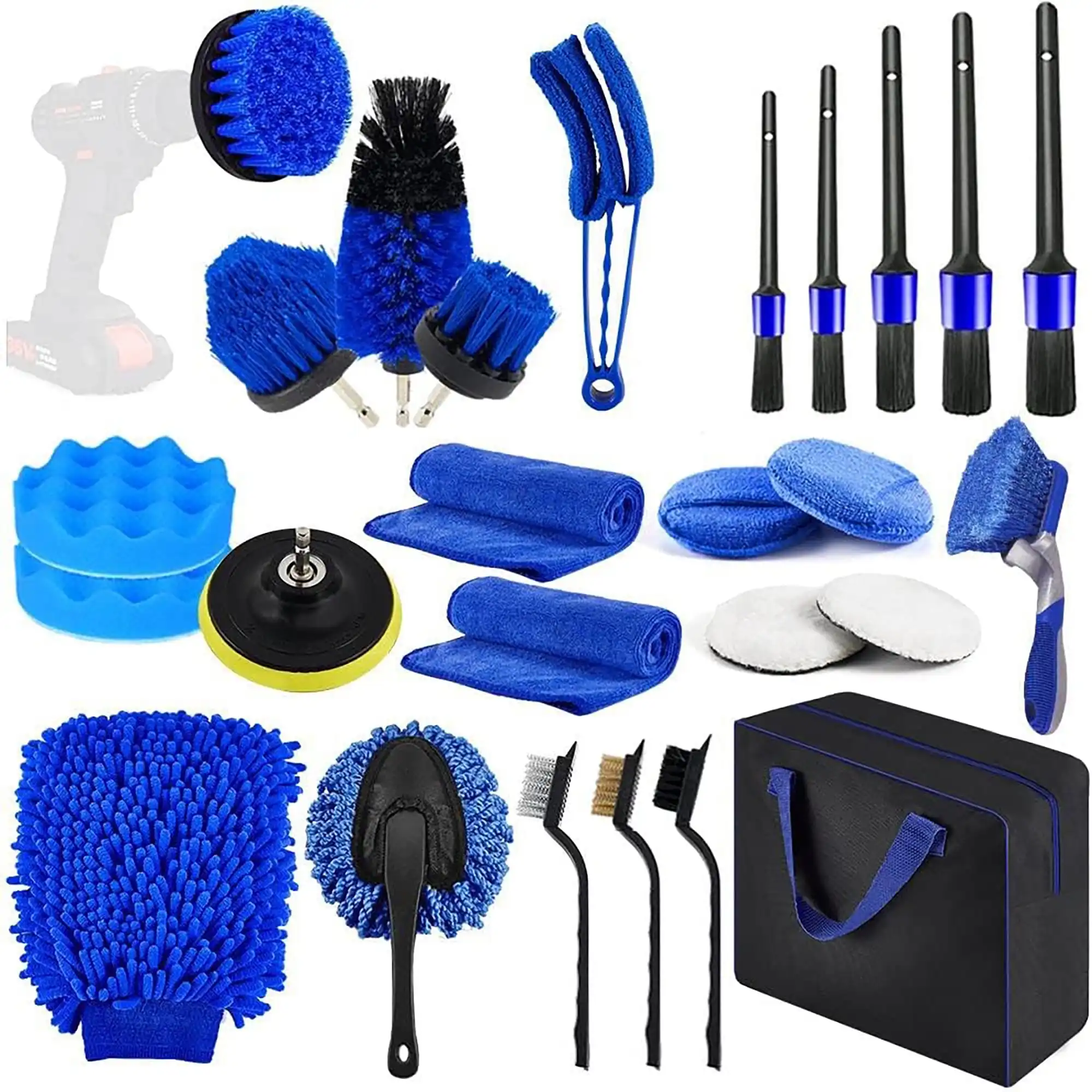 Kit de escova para limpeza de carro, kit com 27 peças, escova para lavar carro com toalhas, escova para pneus, ferramentas de lavagem detalhadas