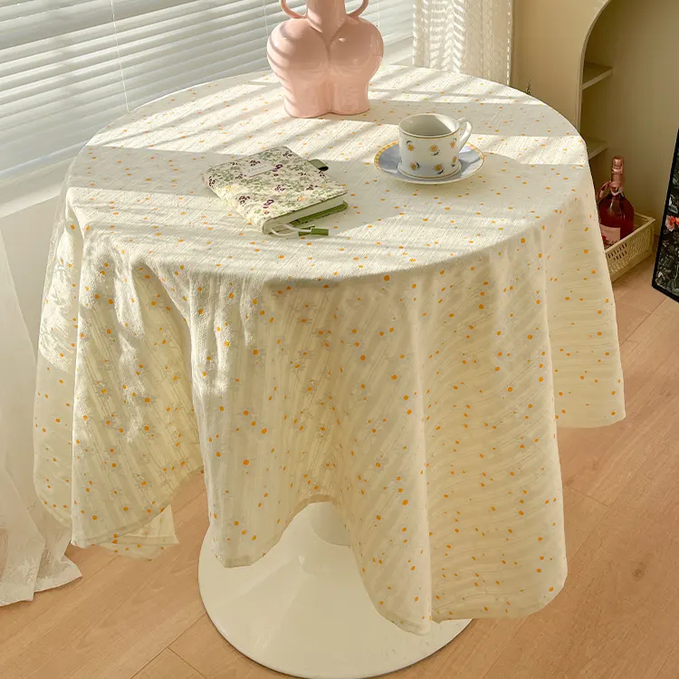 Custom Korean pastoral broken flower yellow daisy fresh coffee table cotton linen round tablecloth French literature and art
