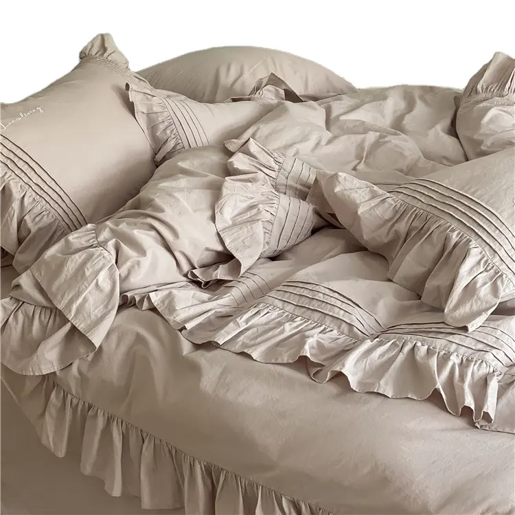 Ince yaz yorgan Pur renk beyaz pembe yorgan seti ve yatak çarşafı lüks % 100% pamuk yumuşak Ruffles dekoratif yatak setleri