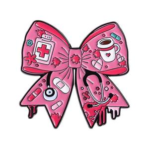 <span class=keywords><strong>Badge</strong></span> en métal personnalisé en alliage de zinc, émail souple, motif dessin animé mignon rose avec nœud, pour médecins et infirmières - Product Image 1