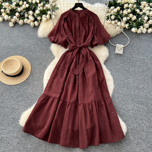 Ladies <strong>Clothes</strong> Stand Collar Puff Sleeve Tie-Waist <strong>Glitter</strong> Dress With Ruffle Hem - Women'S Sparkly Casual Women'S Dresses - Product Image 5