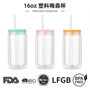 Wholesale Double Wall 16Oz Plastic Straw <b>Cup</b> <b>Large</b> Capacity Outdoor Portable Car Travel Mason Plastic Tumbler Mug <b>Cup</b> With Straw - Product Image 2