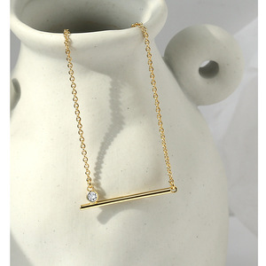 Minimalist Geometric Link <b>Chain</b> Pendant Necklace 18K Gold-Plated Brass Horizontal Bar Design Claw Setting Zircon 20-inch Unisex - Product Image 2