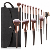 Set de 15 Brochas de Maquillaje Marrón y Negro con Cerdas Veganas Sintéticas, Kit de Brochas Cosméticas con Bolsa para Maquillaje de Rostro y Ojos, OEM